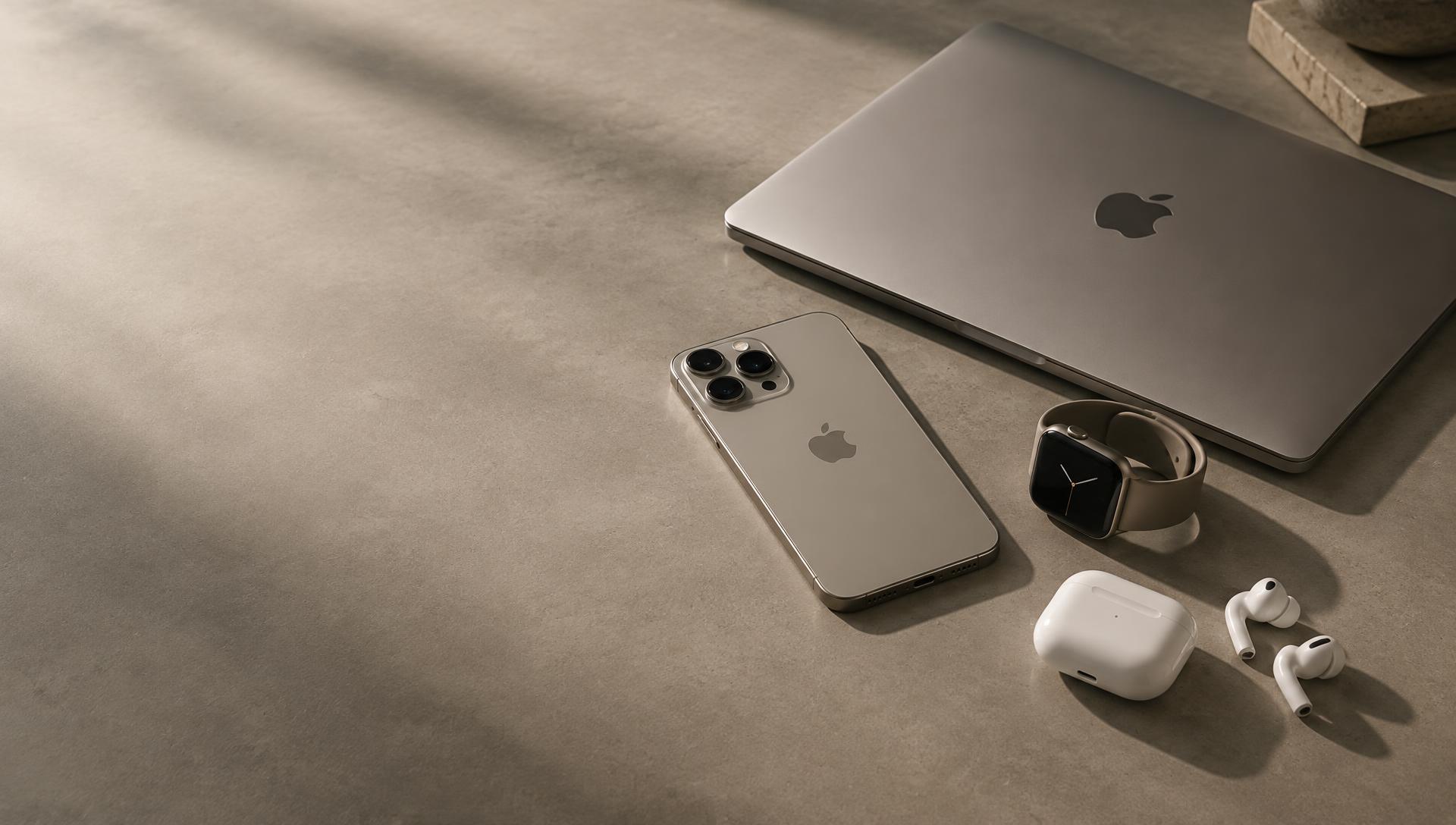 Apple devices on a stone surface